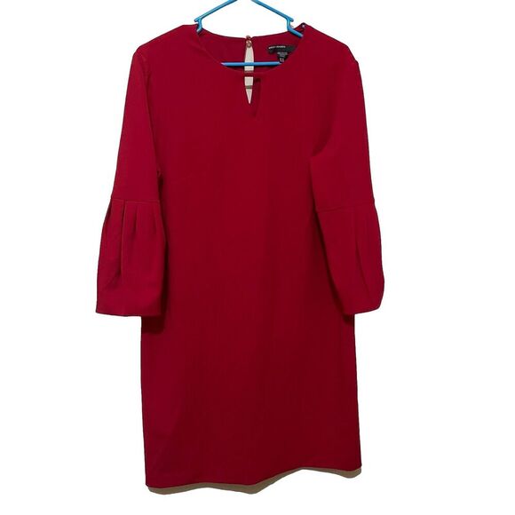 MAGGY LONDON Shift Red Dress Puff Sleeves Keyhole Neck Dress Womens 14 Pullover - Picture 1 of 7